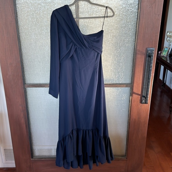 Rokh One Shoulder Knot Dress Women's 36 Navy Blue Crepe Midi Ruffle US size 6. - Picture 5 of 12
